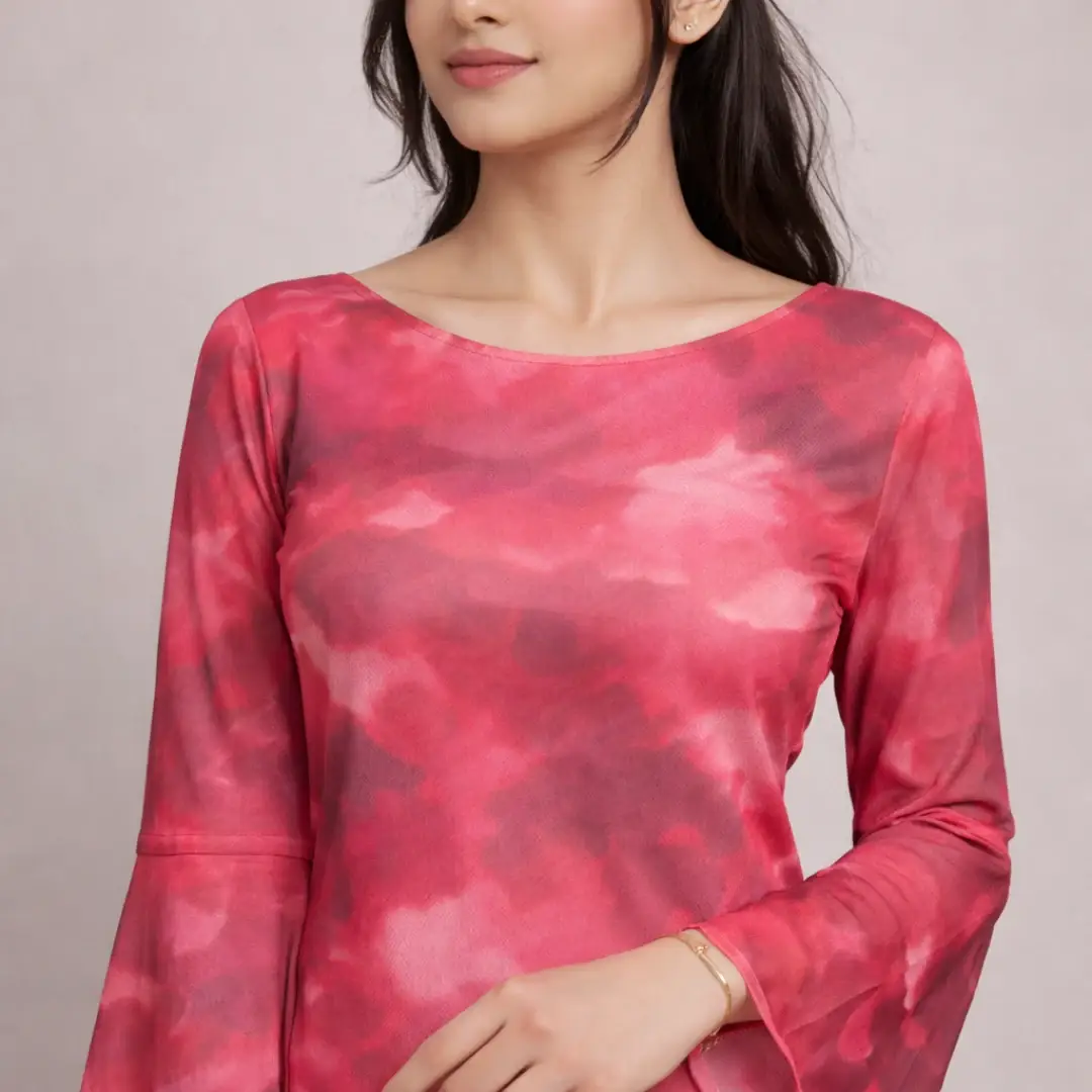 Red tie dye one piece dress close up showing neckline and sleeves