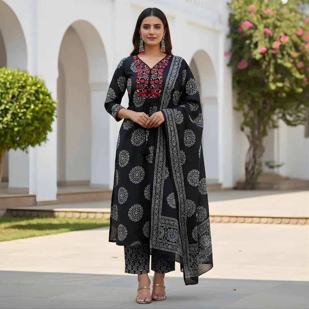 Black printed salwar suit front view with dupatta