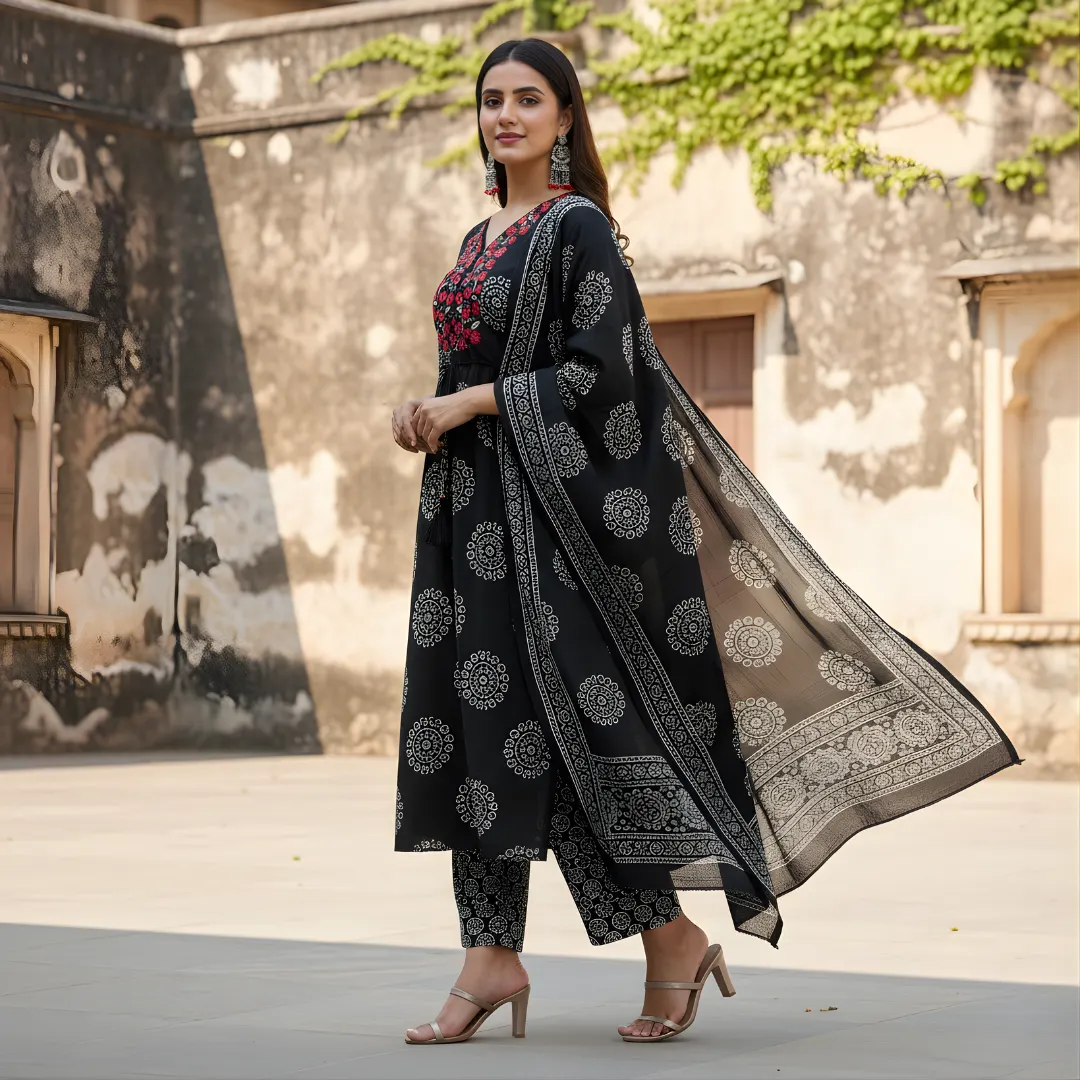 Black printed salwar suit side view with flowing dupatta