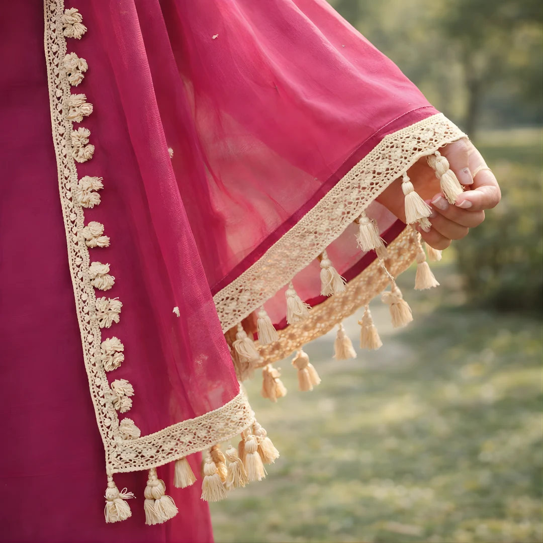 Wine salwar suit dupatta tassel and lace border detail