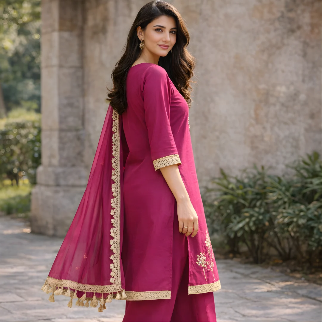 Wine embroidered salwar suit side view with dupatta