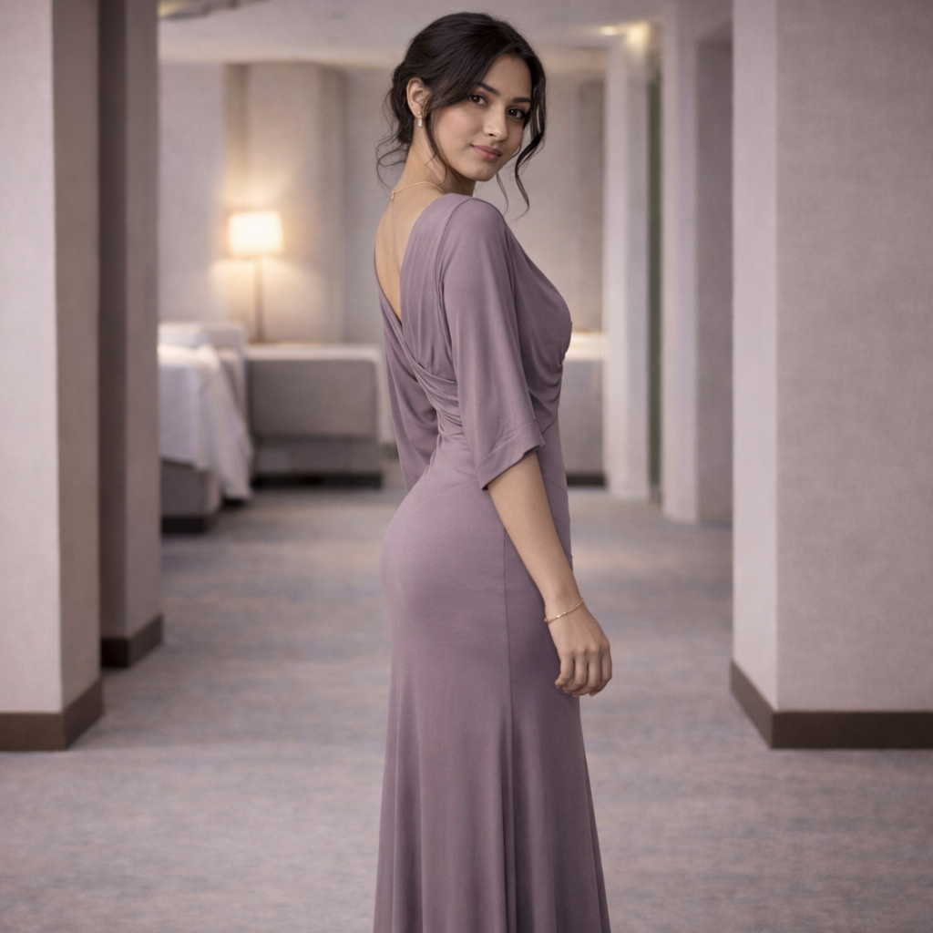 Side view of mauve bodycon one piece dress for women