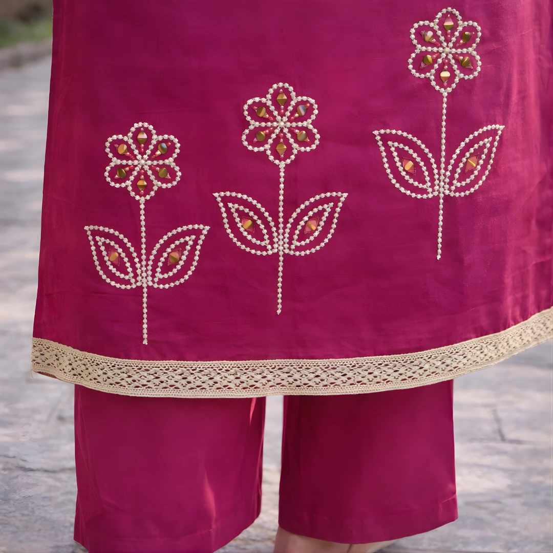 Wine kurta floral embroidery hem detail