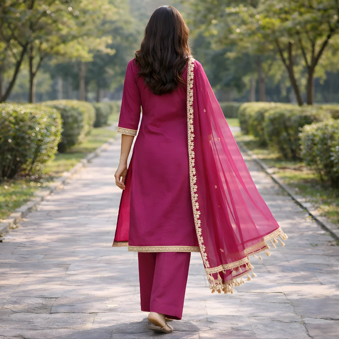 Wine salwar suit back view with dupatta