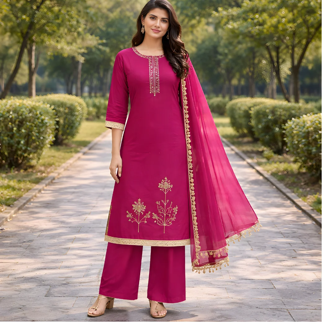 Wine embroidered salwar suit full front view for women
