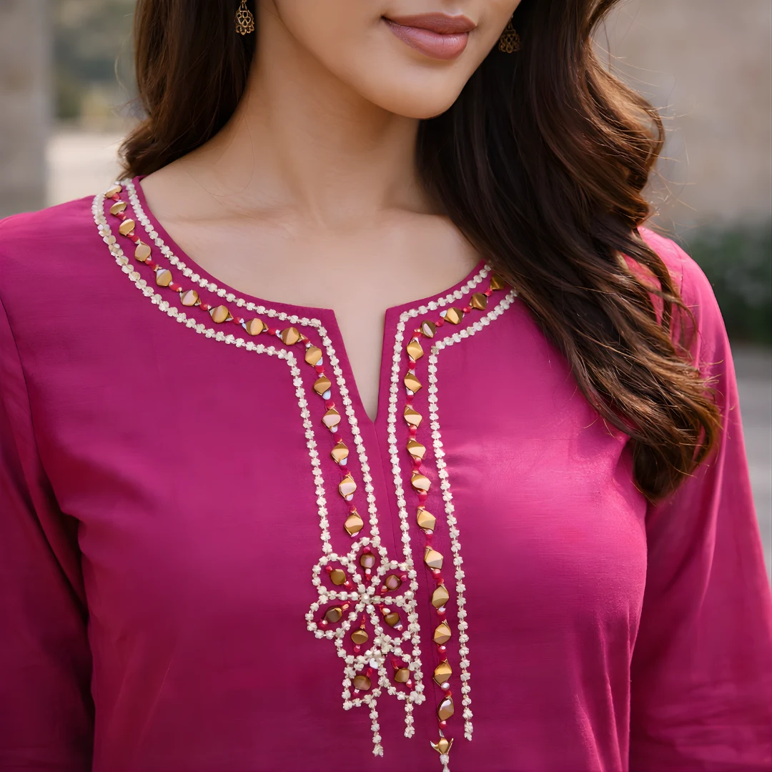 Wine salwar suit neckline embroidery detail